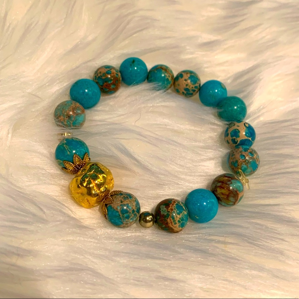 Blue and Gold Plated Bead Bracelet